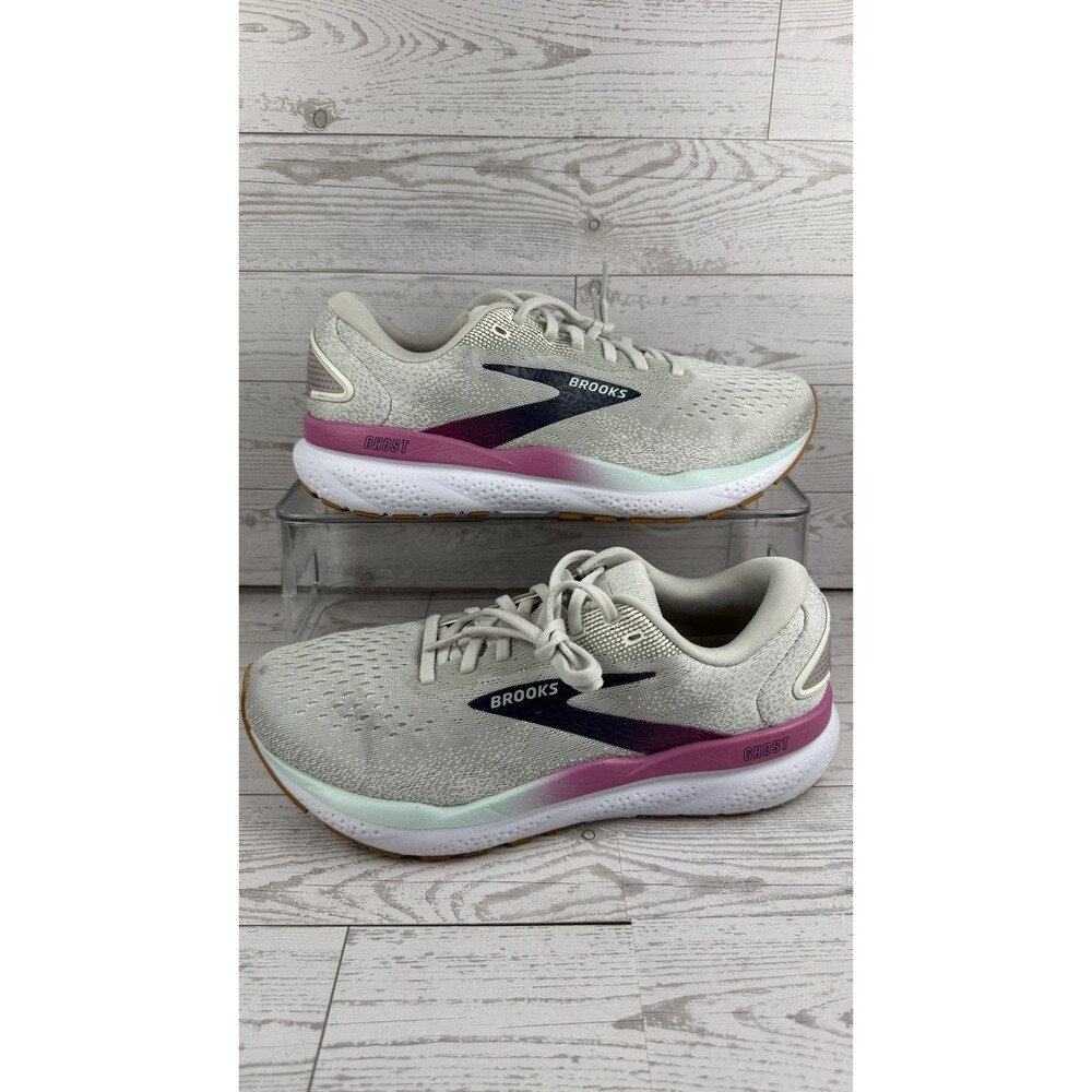 Brooks Ghost 16 Running Shoes White Grey Blue Womens Sz 9 B #319